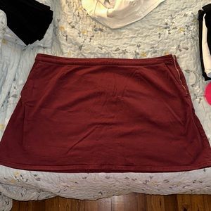 Red denim mini skirt